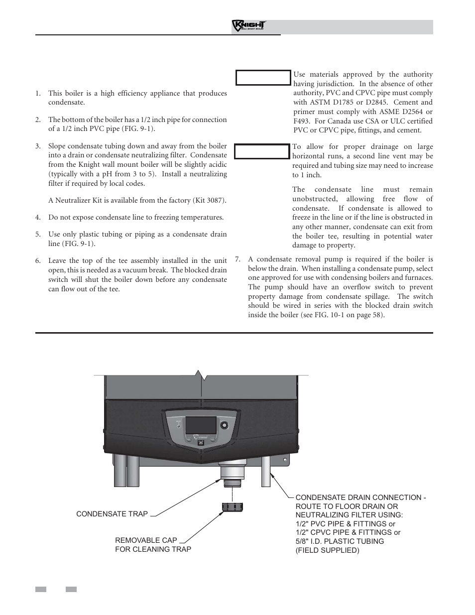 Condensate disposal, Condensate drain | Lochinvar Knight Wall Mount Soiler 51-211 User Manual | Page 56 / 80