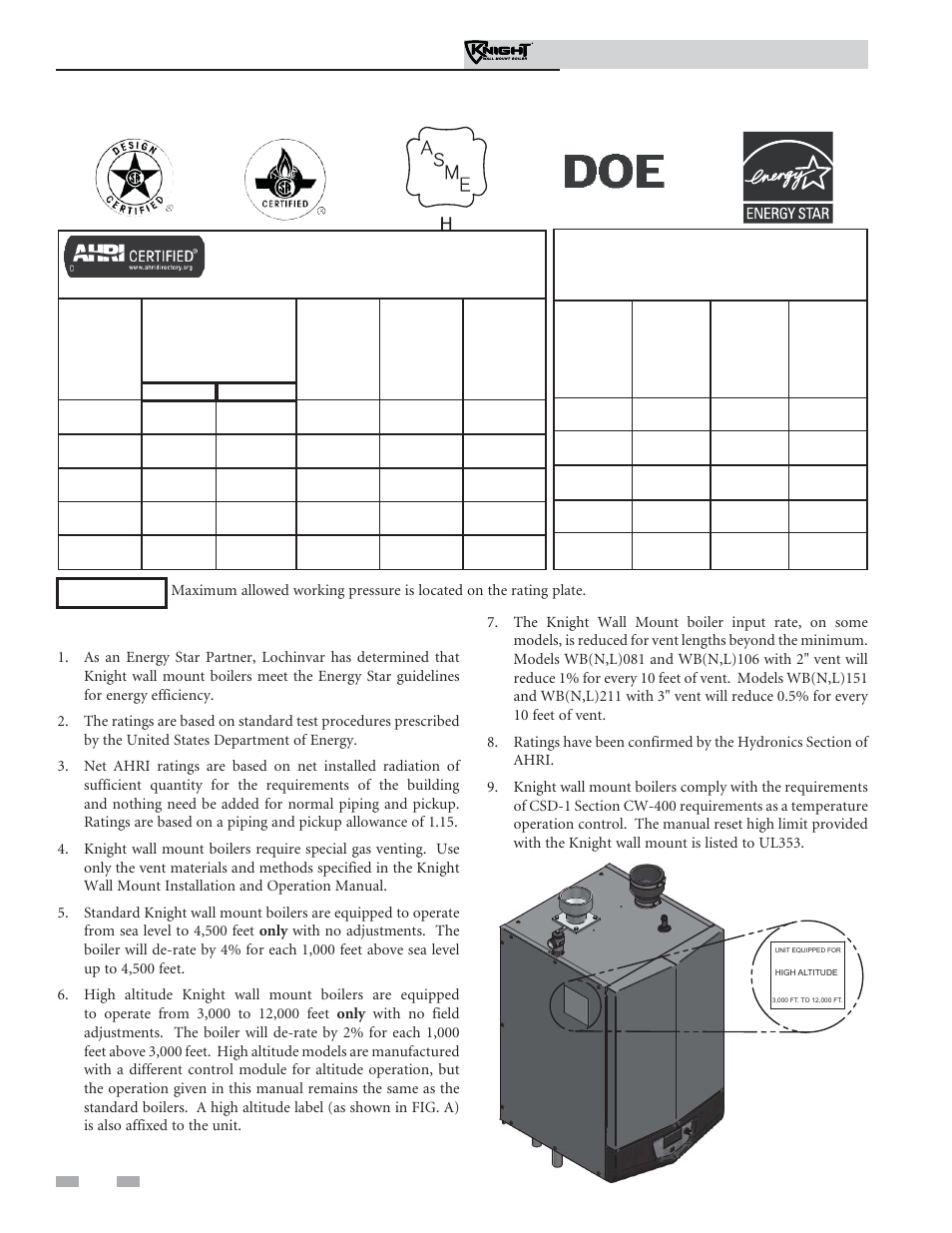 Ratings, Knight wall mount boiler ahri rating, Other specifications | Installation & operation manual | Lochinvar Knight Wall Mount Soiler 51-211 User Manual | Page 6 / 80