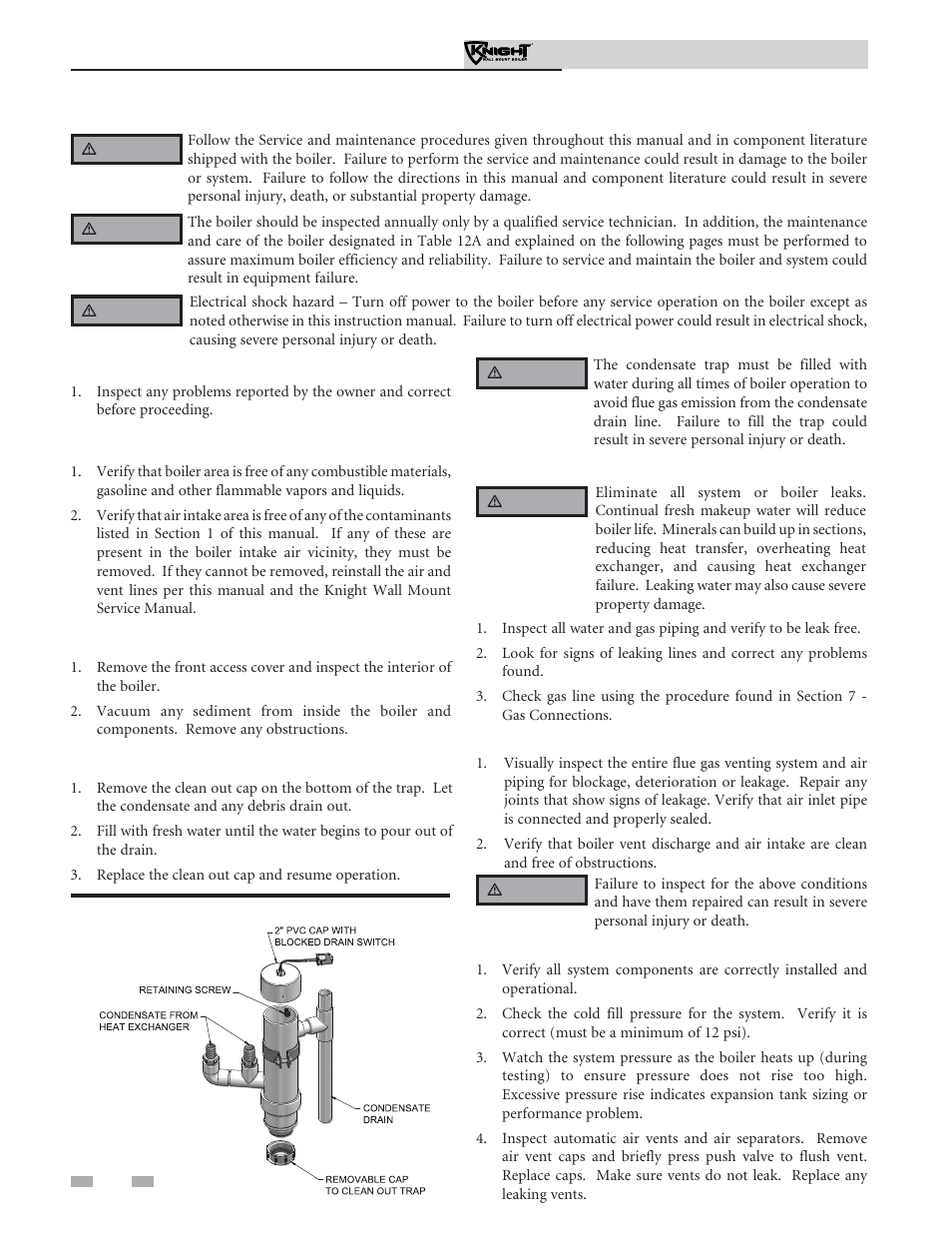 Maintenance, Address reported problems, Inspect boiler area | Inspect boiler interior, Clean condensate trap, Check all piping for leaks, Flue vent system and air piping, Check water system | Lochinvar Knight Wall Mount Soiler 51-211 User Manual | Page 74 / 80