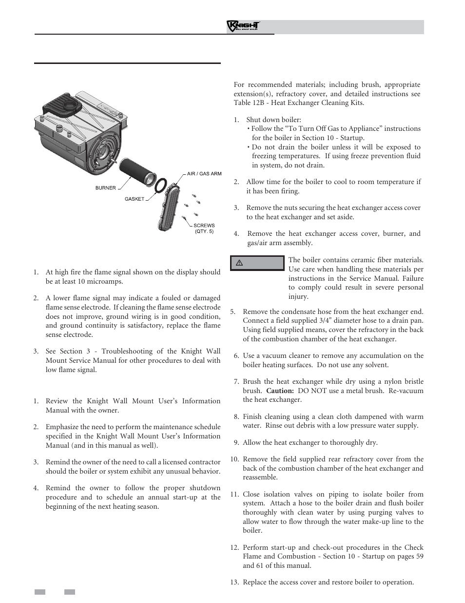 Maintenance, Check flame signal, Review with owner | Cleaning boiler heat exchanger | Lochinvar Knight Wall Mount Soiler 51-211 User Manual | Page 76 / 80