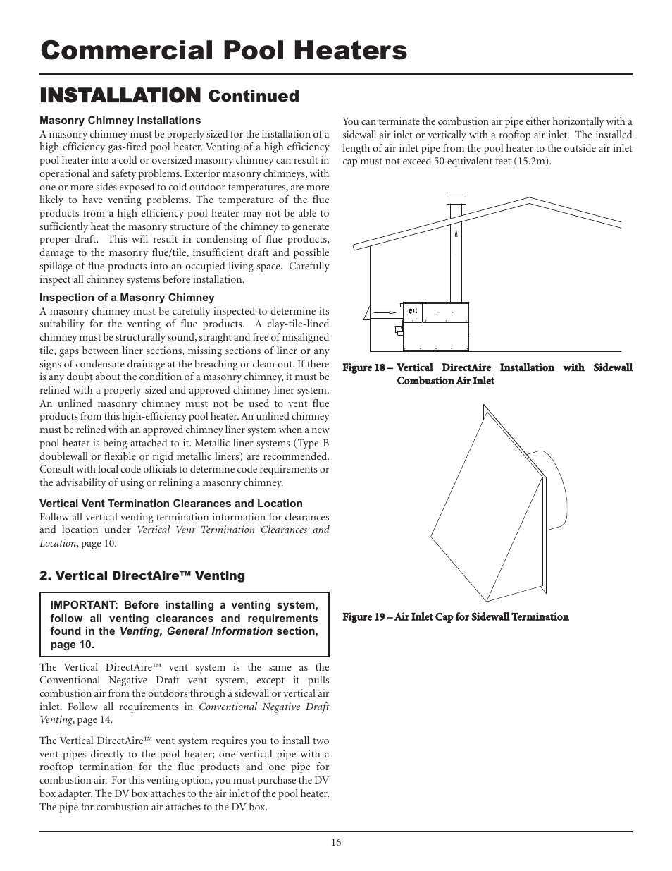 Commercial pool heaters, Installation, Continued | Lochinvar F0600187510 User Manual | Page 16 / 60