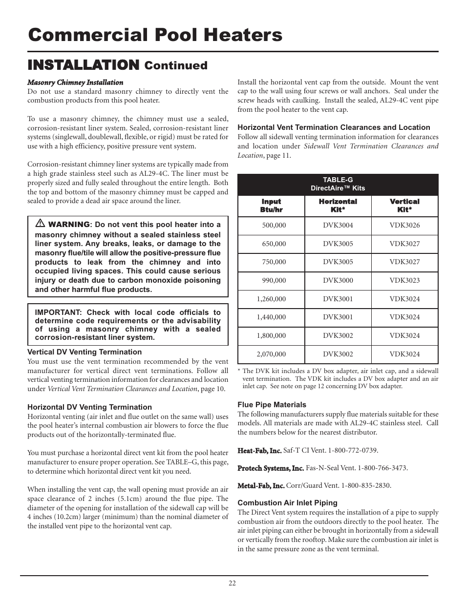 Commercial pool heaters, Installation, Continued | Lochinvar F0600187510 User Manual | Page 22 / 60