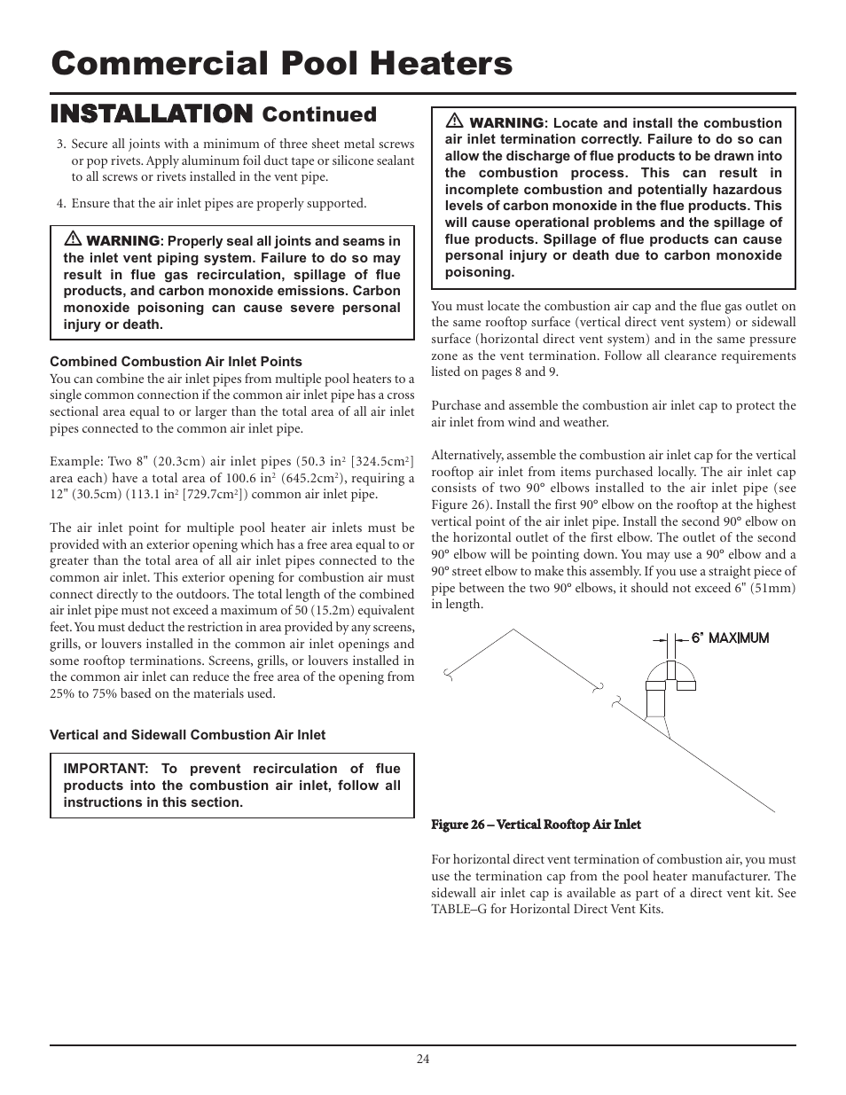 Commercial pool heaters, Installation, Continued | Lochinvar F0600187510 User Manual | Page 24 / 60