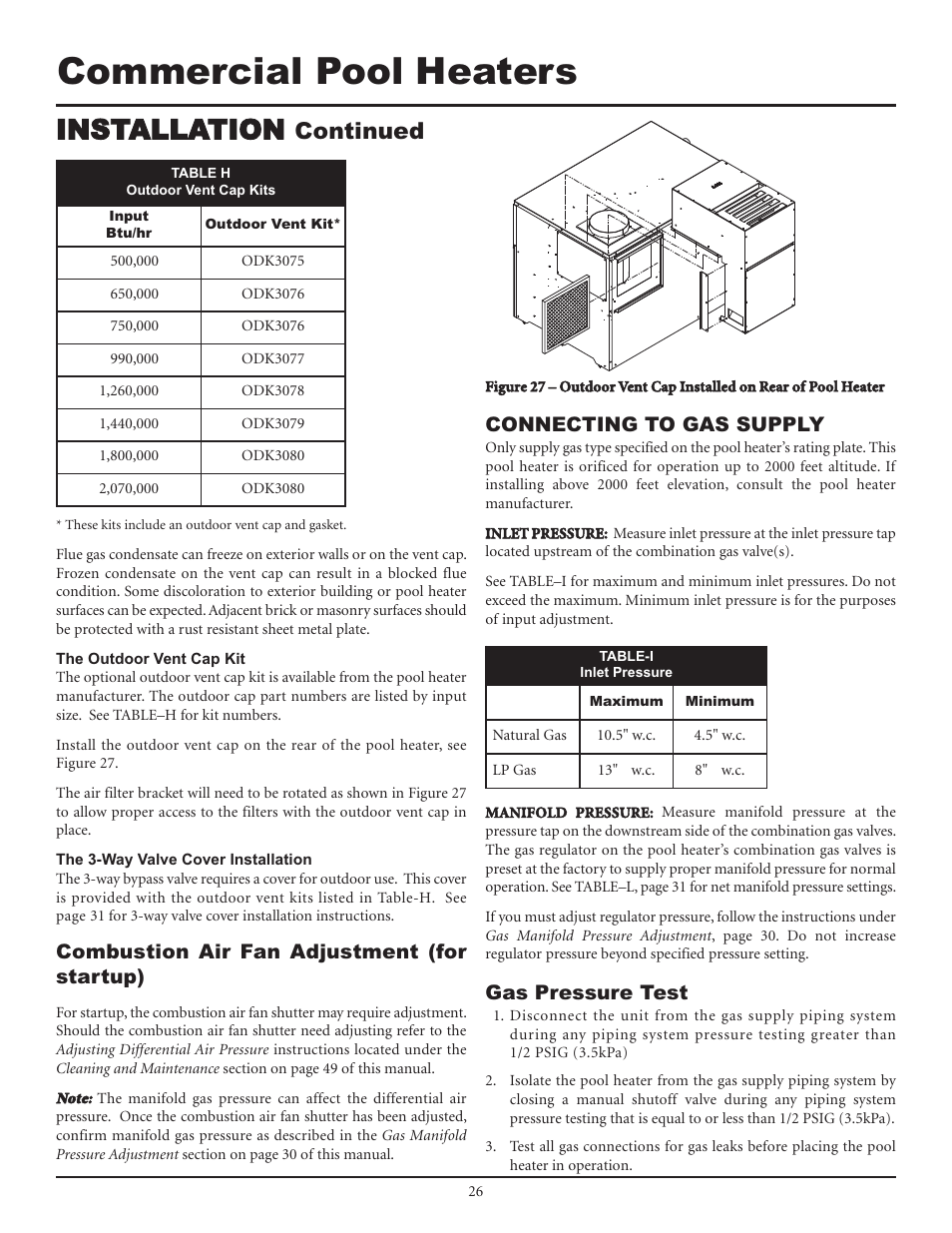 Commercial pool heaters, Installation, Continued | Combustion air fan adjustment (for startup), Connecting to gas supply, Gas pressure test | Lochinvar F0600187510 User Manual | Page 26 / 60