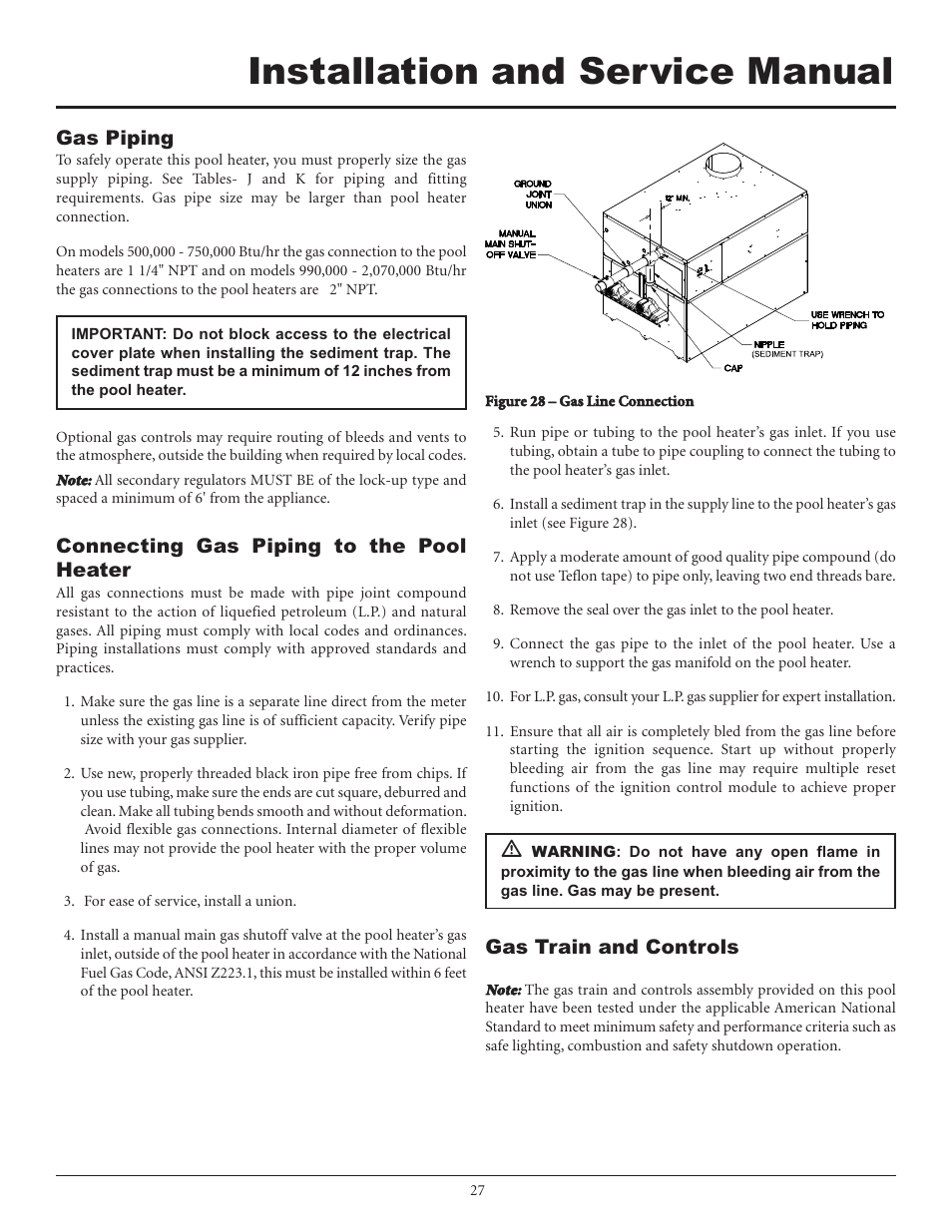 Installation and service manual, Gas piping, Connecting gas piping to the pool heater | Gas train and controls | Lochinvar F0600187510 User Manual | Page 27 / 60