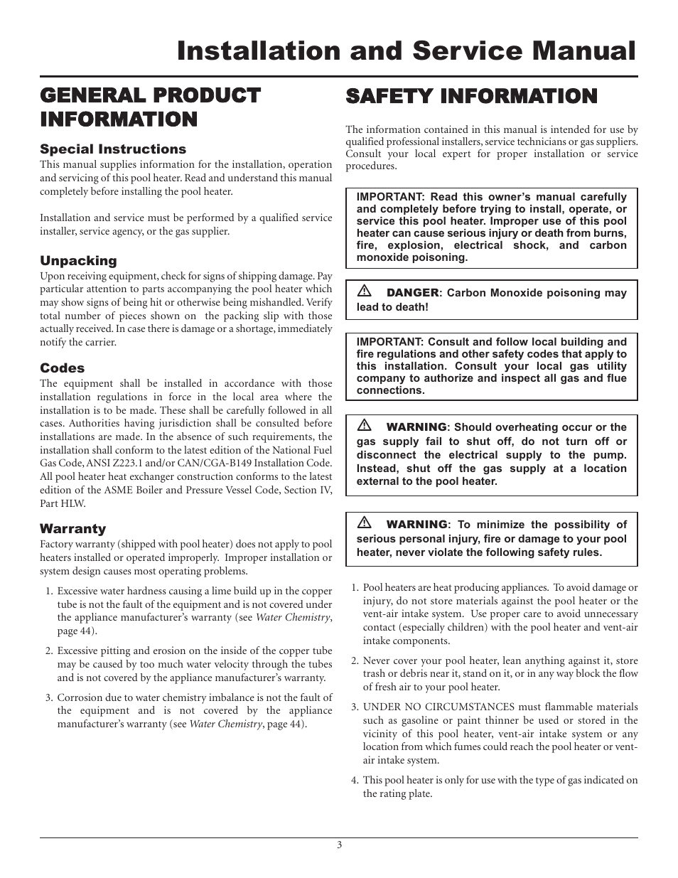Installation and service manual, General product information, Safety information | Lochinvar F0600187510 User Manual | Page 3 / 60