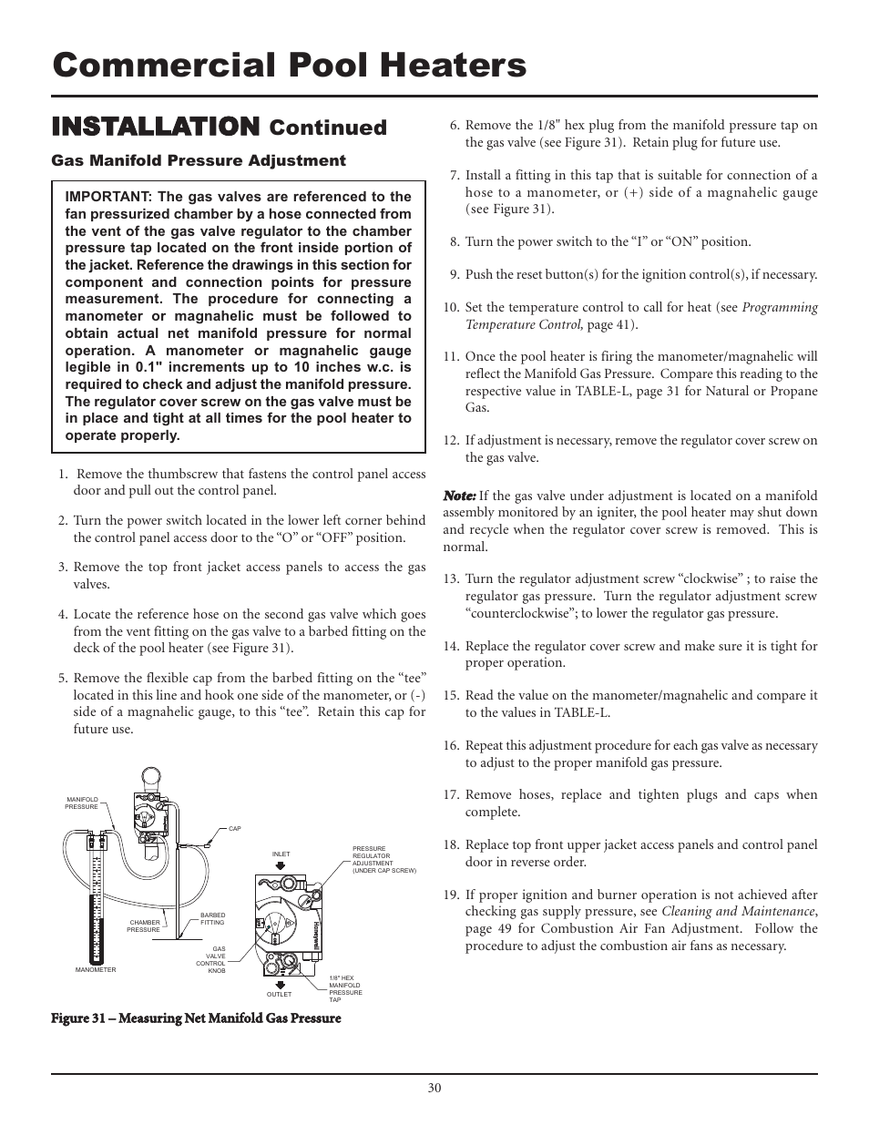 Commercial pool heaters, Installation, Continued | Gas manifold pressure adjustment | Lochinvar F0600187510 User Manual | Page 30 / 60