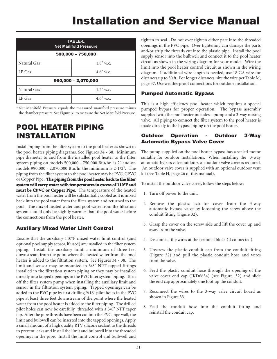 Installation and service manual, Pool heater piping installation | Lochinvar F0600187510 User Manual | Page 31 / 60