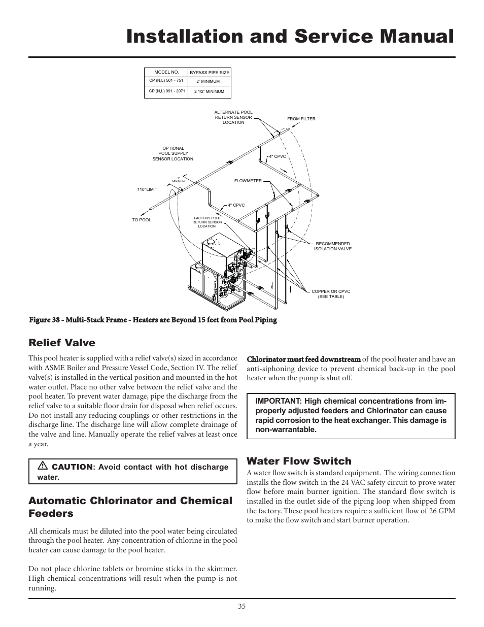 Installation and service manual, Relief valve, Automatic chlorinator and chemical feeders | Water flow switch, Caution : avoid contact with hot discharge water | Lochinvar F0600187510 User Manual | Page 35 / 60