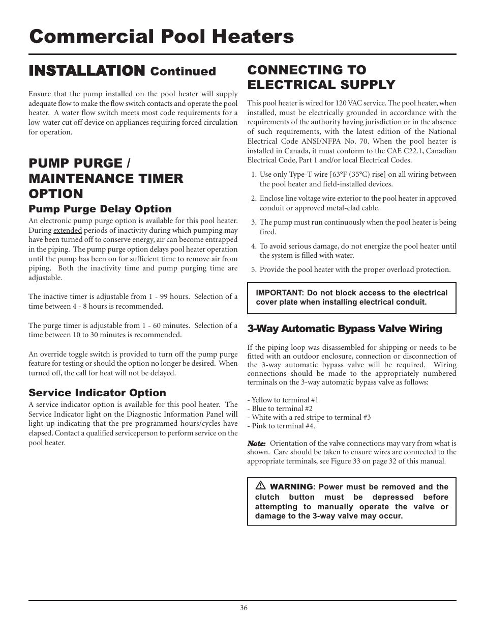 Commercial pool heaters, Installation, Pump purge / maintenance timer option | Connecting to electrical supply, Continued | Lochinvar F0600187510 User Manual | Page 36 / 60