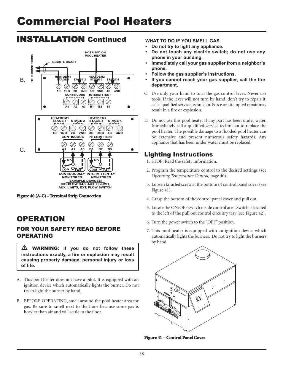 Commercial pool heaters, Installation, Operation | Continued | Lochinvar F0600187510 User Manual | Page 38 / 60