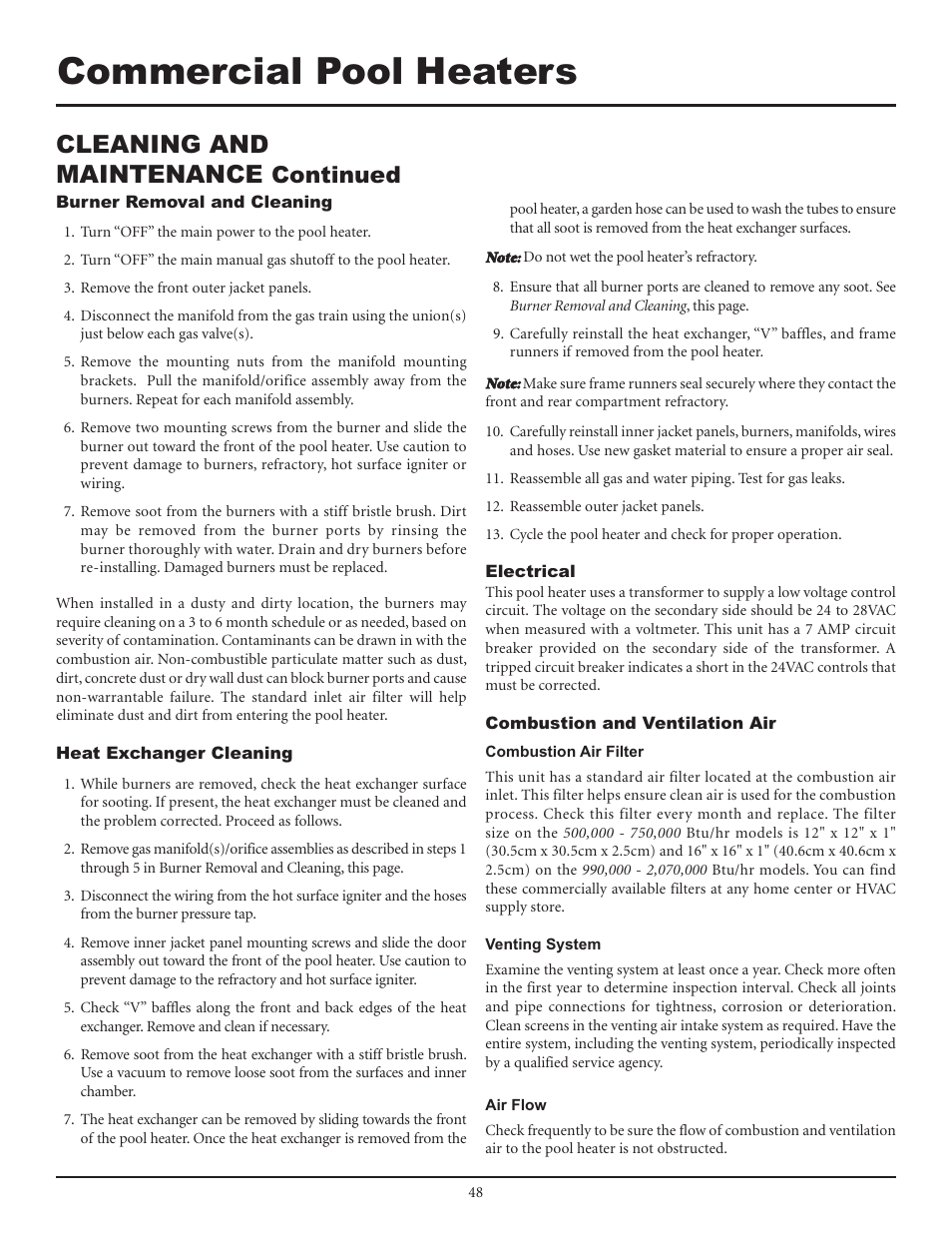 Commercial pool heaters, Cleaning and maintenance, Continued | Lochinvar F0600187510 User Manual | Page 48 / 60