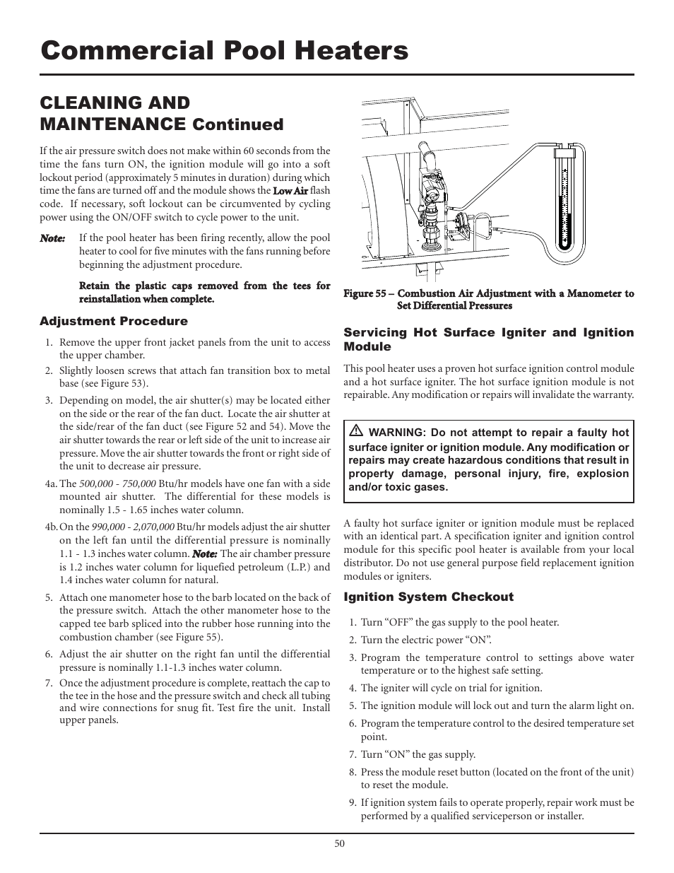 Commercial pool heaters, Cleaning and maintenance, Continued | Lochinvar F0600187510 User Manual | Page 50 / 60