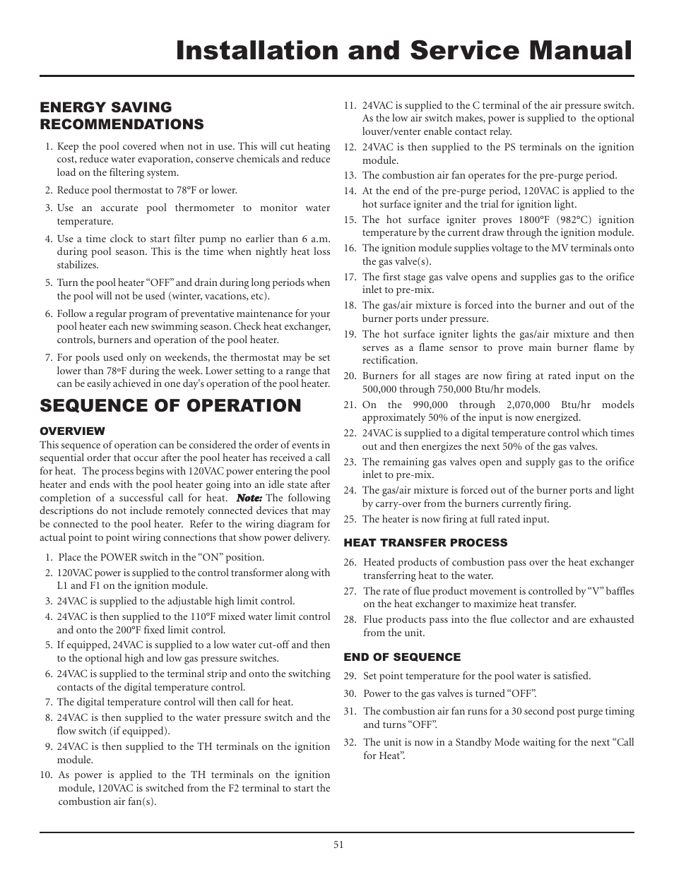 Installation and service manual, Sequence of operation, Energy saving recommendations | Lochinvar F0600187510 User Manual | Page 51 / 60