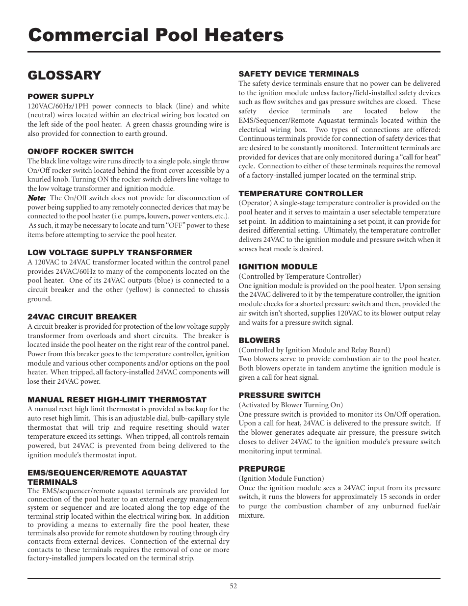 Commercial pool heaters, Glossary | Lochinvar F0600187510 User Manual | Page 52 / 60