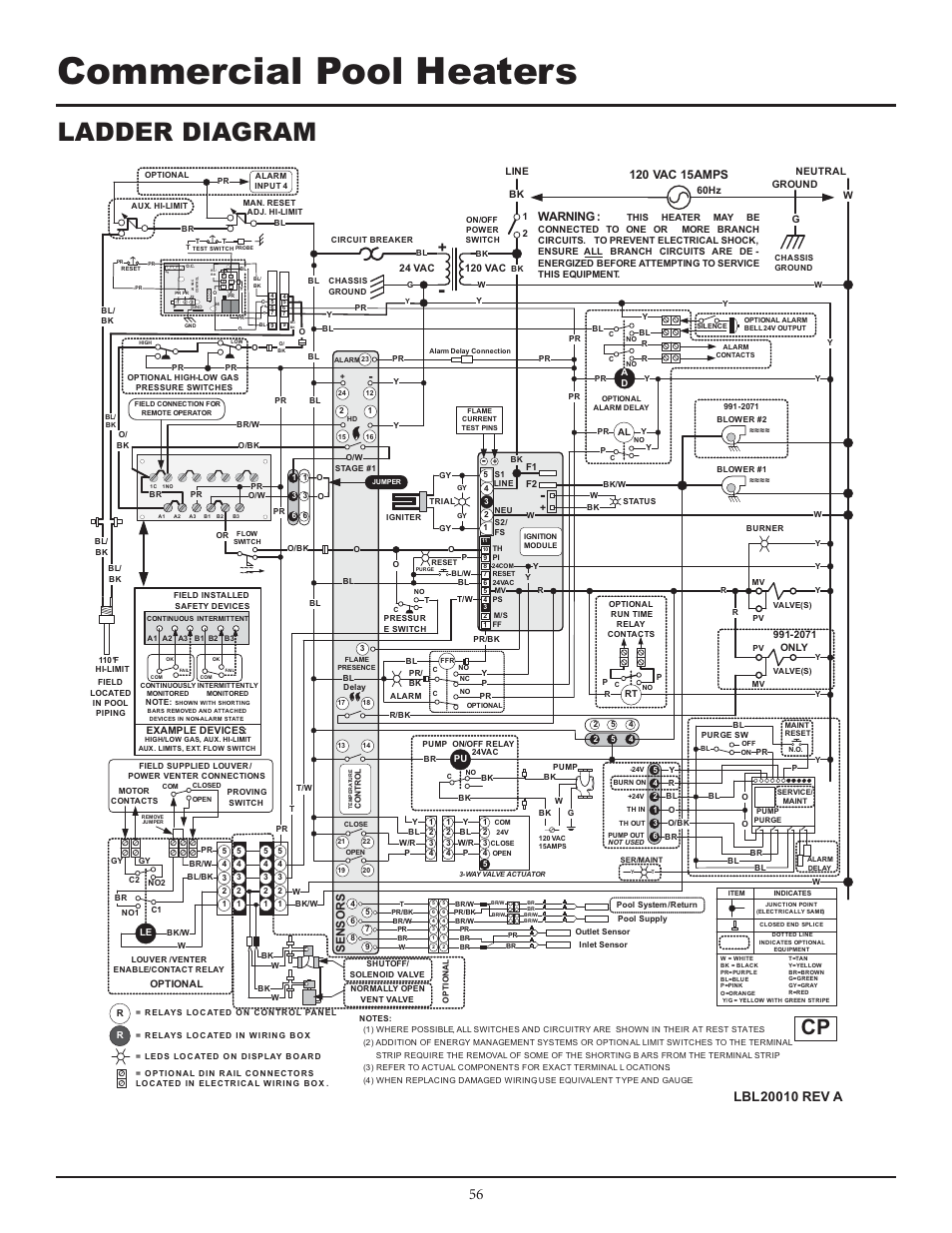 Commercial pool heaters, Ladder diagram, Se ns or s | Warning | Lochinvar F0600187510 User Manual | Page 56 / 60