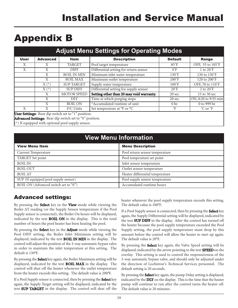 Installation and service manual appendix b, Adjust menu settings for operating modes, View menu information | Advanced settings | Lochinvar F0600187510 User Manual | Page 59 / 60