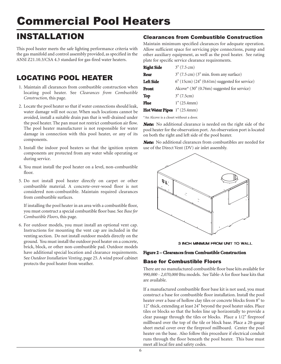 Commercial pool heaters, Installation, Locating pool heater | Lochinvar F0600187510 User Manual | Page 6 / 60