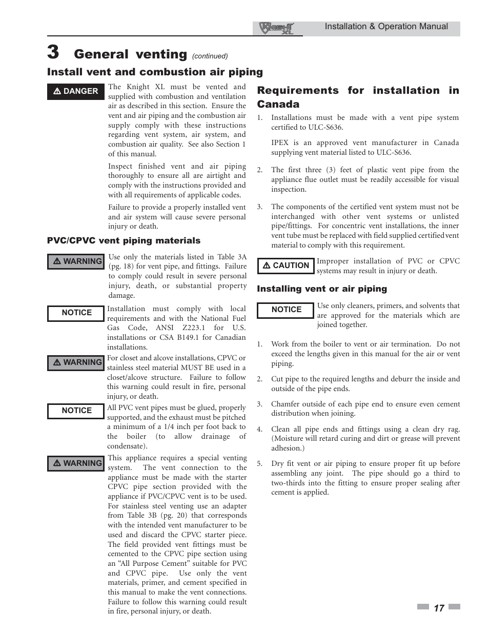 General venting, Install vent and combustion air piping, Requirements for installation in canada | Lochinvar KNIGHT 800 User Manual | Page 17 / 76
