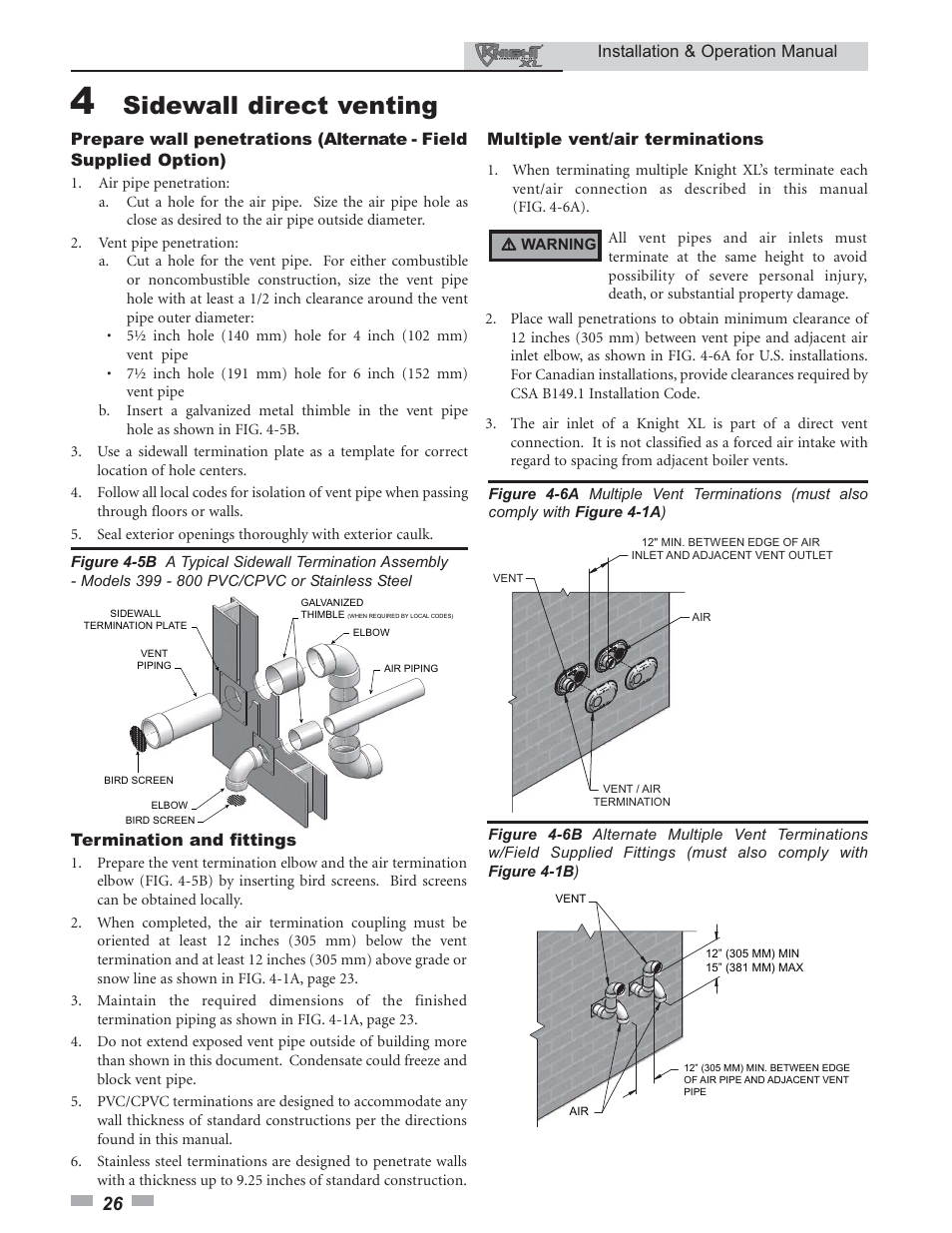 Sidewall direct venting | Lochinvar KNIGHT 800 User Manual | Page 26 / 76