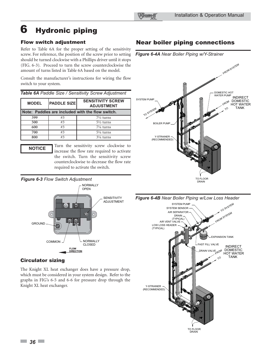 Hydronic piping, Near boiler piping connections, Installation & operation manual | Flow switch adjustment, Circulator sizing | Lochinvar KNIGHT 800 User Manual | Page 36 / 76
