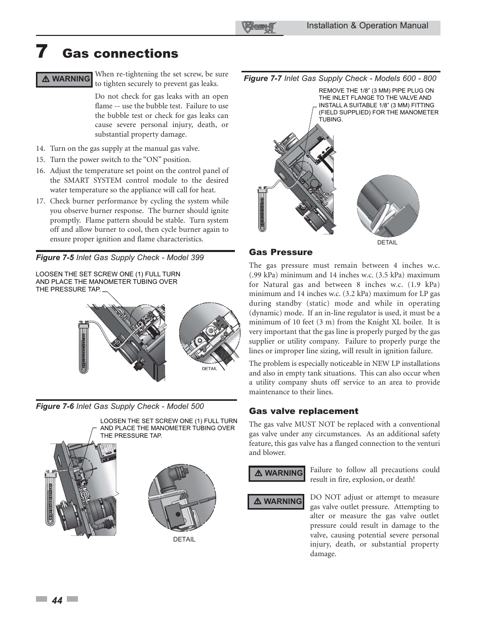 Gas connections | Lochinvar KNIGHT 800 User Manual | Page 44 / 76