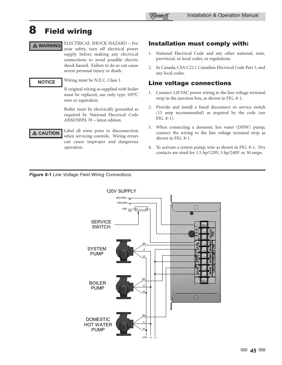 Field wiring, Installation must comply with, Line voltage connections | Installation & operation manual | Lochinvar KNIGHT 800 User Manual | Page 45 / 76