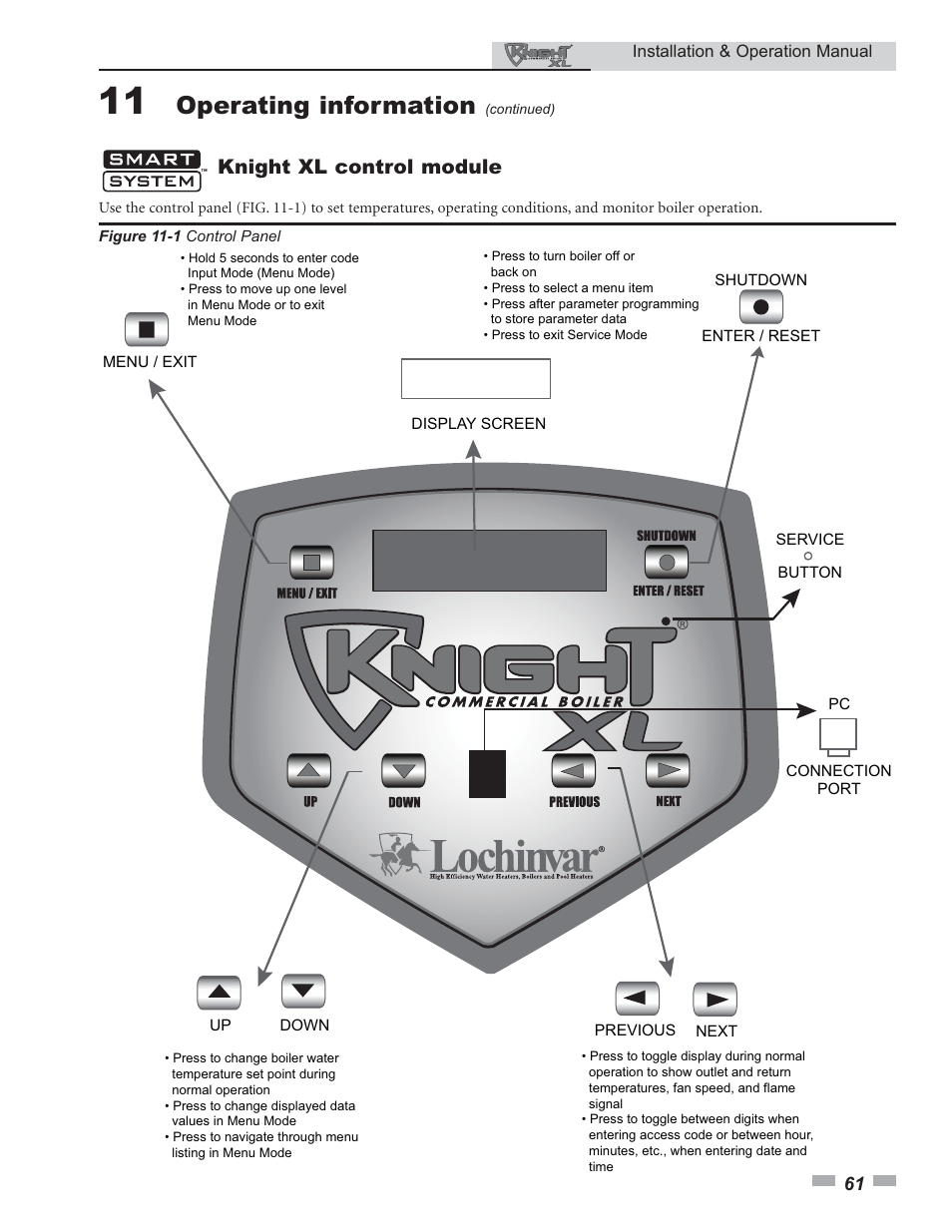 Operating information, Knight xl control module | Lochinvar KNIGHT 800 User Manual | Page 61 / 76