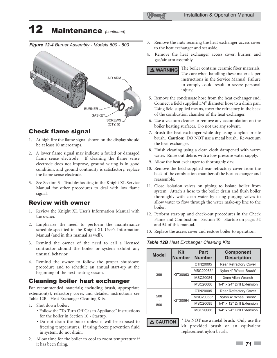 Maintenance, Check flame signal, Review with owner | Cleaning boiler heat exchanger | Lochinvar KNIGHT 800 User Manual | Page 71 / 76
