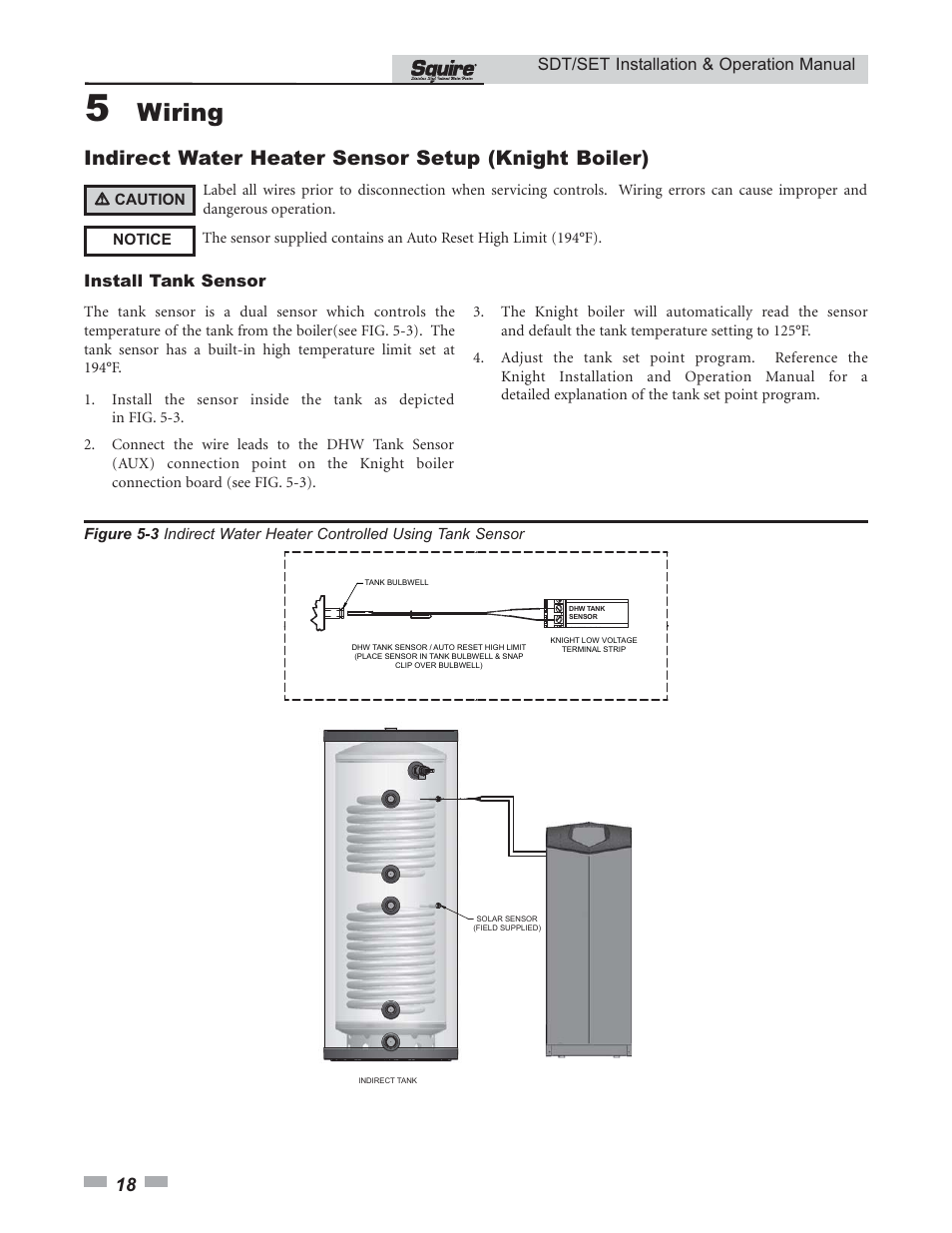 Wiring, Indirect water heater sensor setup (knight boiler), Sdt/set installation & operation manual | Install tank sensor | Lochinvar SQUIRE SDT/SET065 - 119 User Manual | Page 18 / 28