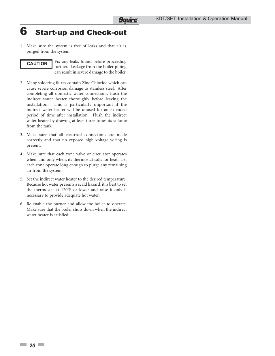 Start-up and check-out | Lochinvar SQUIRE SDT/SET065 - 119 User Manual | Page 20 / 28