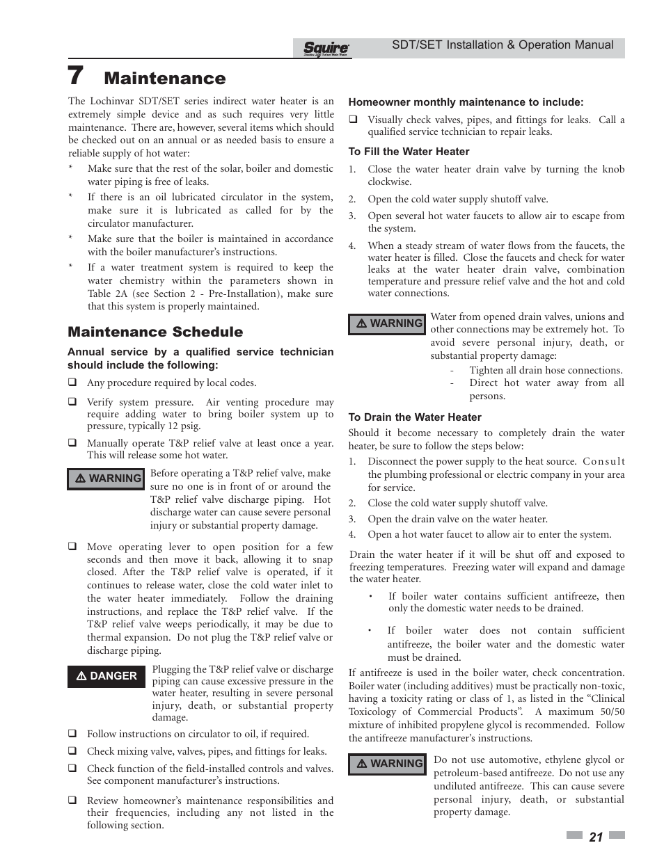 Maintenance, Maintenance schedule | Lochinvar SQUIRE SDT/SET065 - 119 User Manual | Page 21 / 28