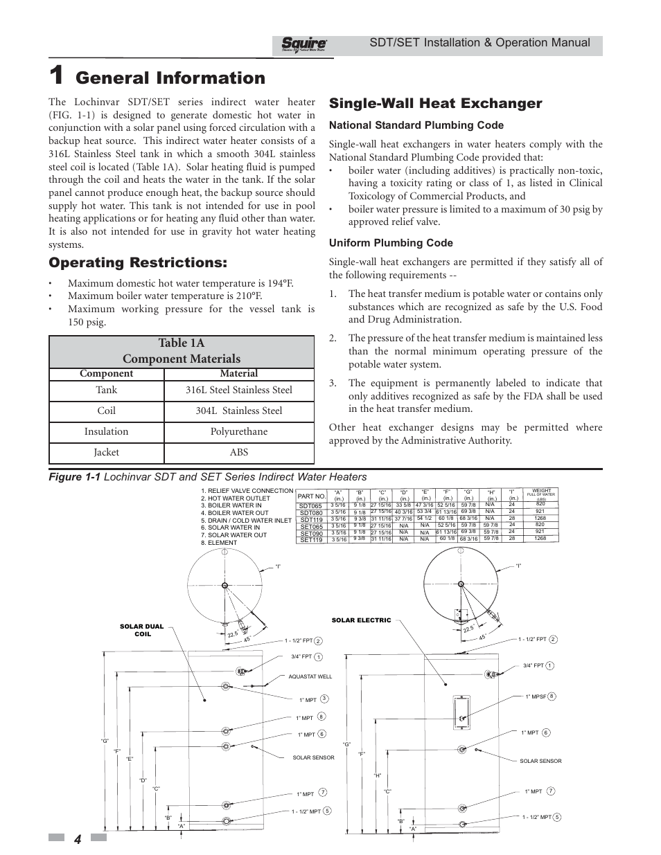 General information, Single-wall heat exchanger, Operating restrictions | Table 1a component materials, Sdt/set installation & operation manual | Lochinvar SQUIRE SDT/SET065 - 119 User Manual | Page 4 / 28