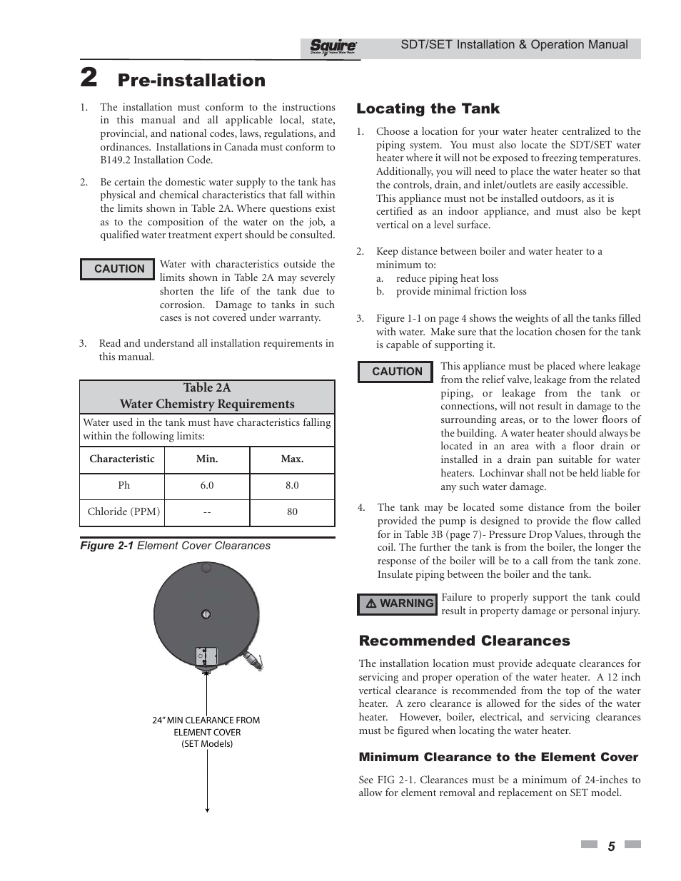 Pre-installation, Locating the tank, Recommended clearances | Lochinvar SQUIRE SDT/SET065 - 119 User Manual | Page 5 / 28