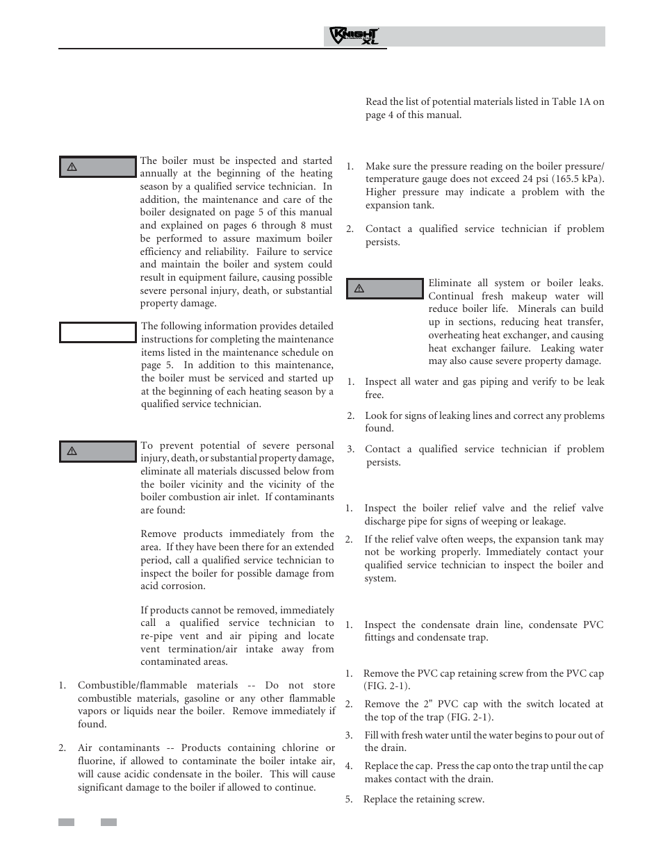 Maintenance schedule, Check all piping for leaks, Maintenance procedures | Lochinvar Outdoor Knight XL 801 User Manual | Page 6 / 16