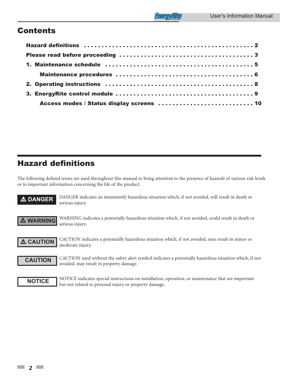 Contents hazard definitions | Lochinvar EnergyRite ER202 User Manual | Page 2 / 12