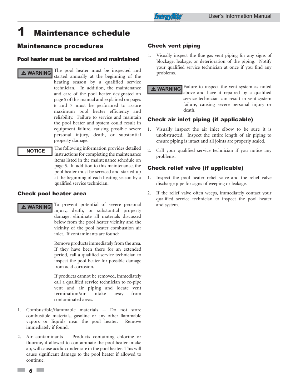 Maintenance schedule, Maintenance procedures | Lochinvar EnergyRite ER202 User Manual | Page 6 / 12