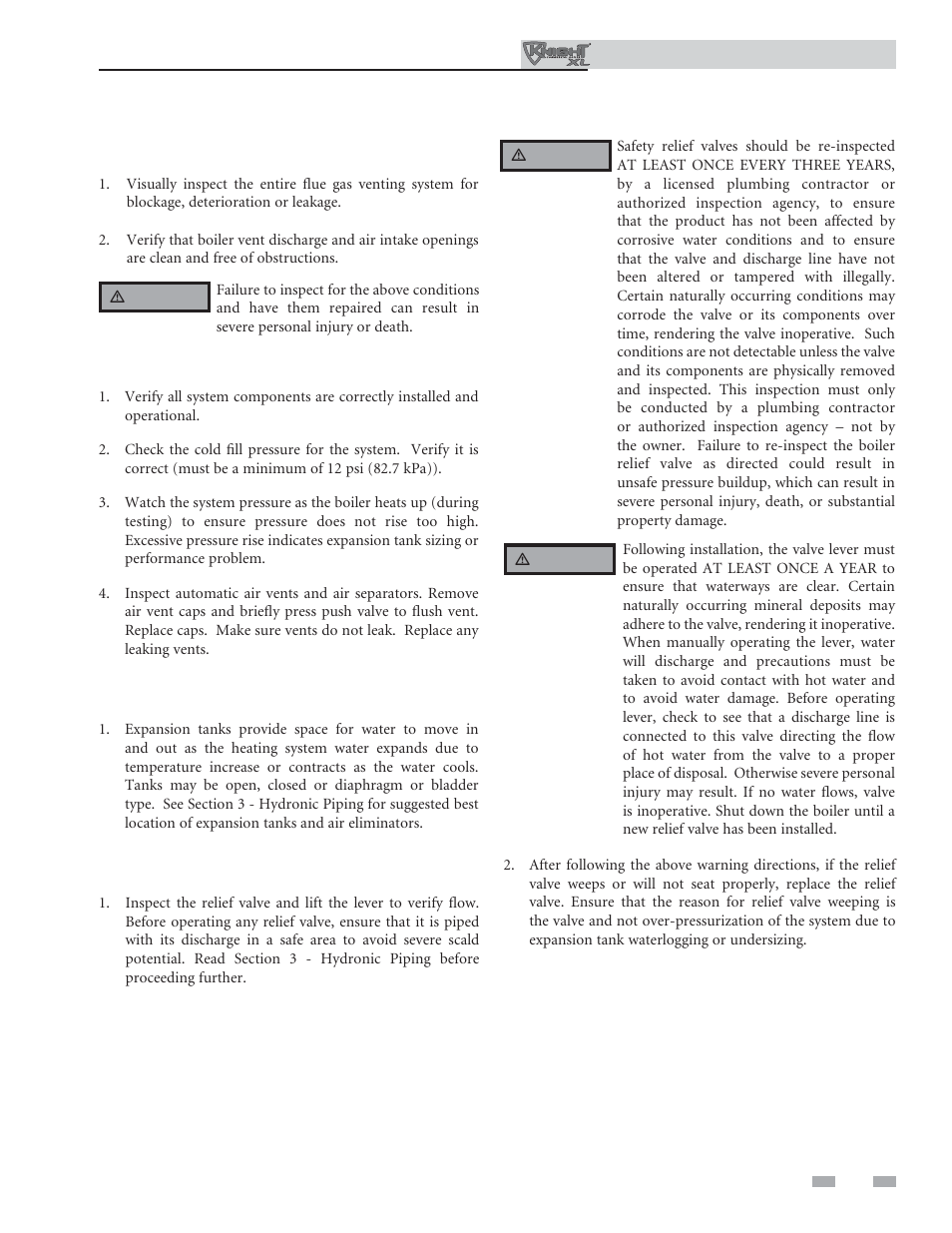 Maintenance, Flue vent system and air piping, Check water system | Check expansion tank, Check boiler relief valve | Lochinvar Kight XL 400-801 User Manual | Page 51 / 56