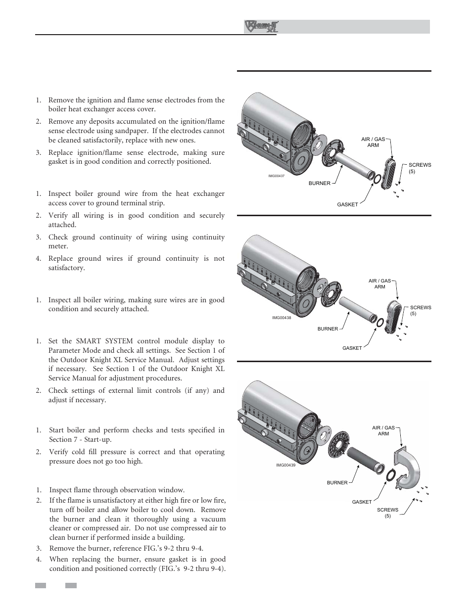 Maintenance, Inspect ignition and fl ame sense electrodes, Check ignition ground wiring | Check all boiler wiring, Check control settings, Perform start-up and checks, Check burner fl ame | Lochinvar Kight XL 400-801 User Manual | Page 52 / 56