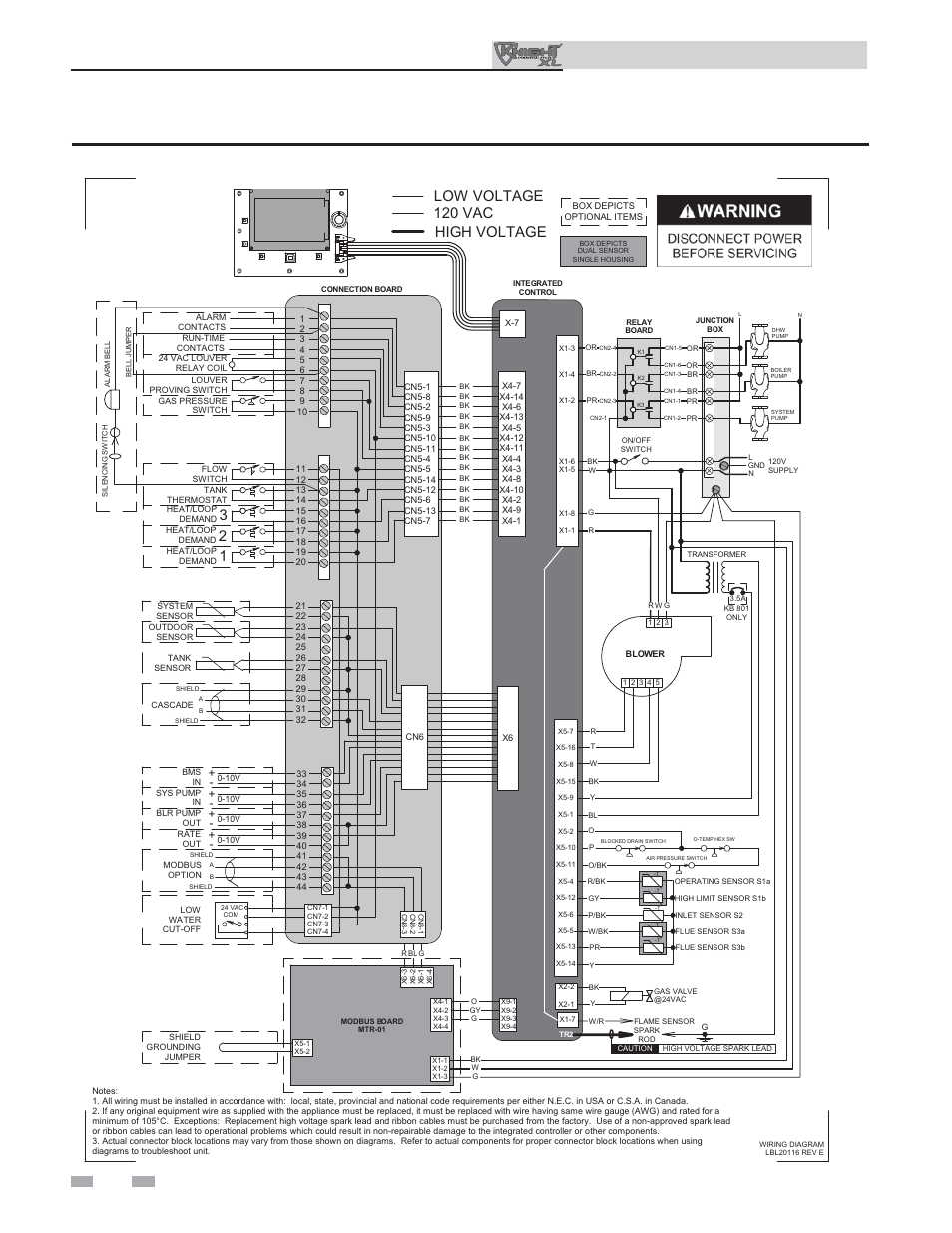 Diagrams, Figure 10-1 wiring diagram, High voltage low voltage 120 vac | Manual, Outdoor knight xl installation & operation | Lochinvar Kight XL 400-801 User Manual | Page 54 / 56