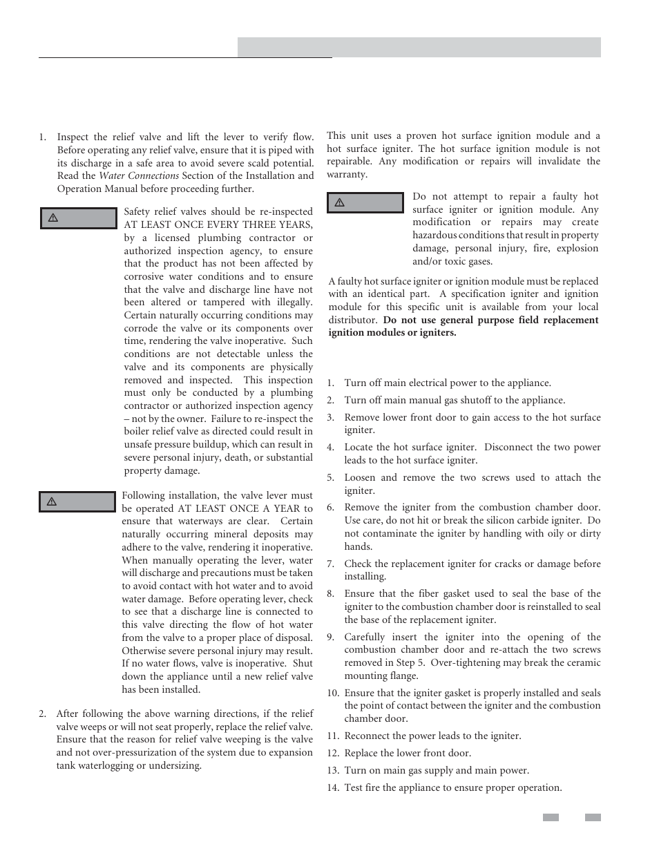 Maintenance, Check relief valve, Inspect/replace hot surface igniter | Inspect/replace hot surface igniters | Lochinvar Copper-fin II/IIE Boiler and Water Heater 2072 User Manual | Page 27 / 44