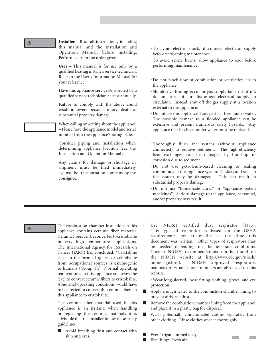 Please read before proceeding, Handling ceramic fiber materials | Lochinvar Copper-fin II/IIE Boiler and Water Heater 2072 User Manual | Page 3 / 44