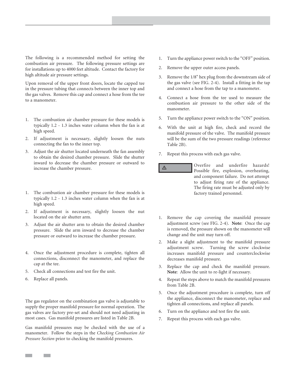 Maintenance, Adjusting combustion air pressure, Checking manifold gas pressure | Lochinvar Copper-fin II/IIE Boiler and Water Heater 2072 User Manual | Page 30 / 44