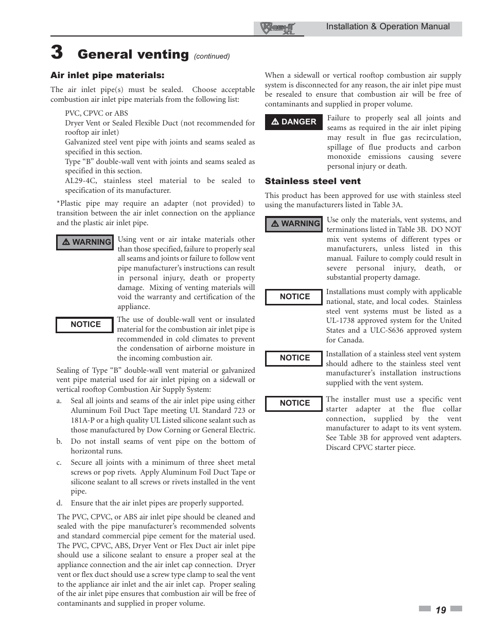 General venting | Lochinvar KNIGHT 399 - 800 User Manual | Page 19 / 76