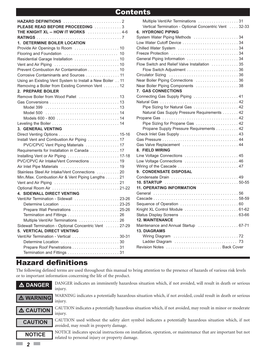 Contents hazard definitions | Lochinvar KNIGHT 399 - 800 User Manual | Page 2 / 76