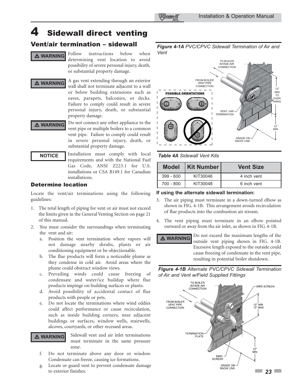 Sidewall direct venting, Vent/air termination – sidewall, Model kit number vent size | Lochinvar KNIGHT 399 - 800 User Manual | Page 23 / 76