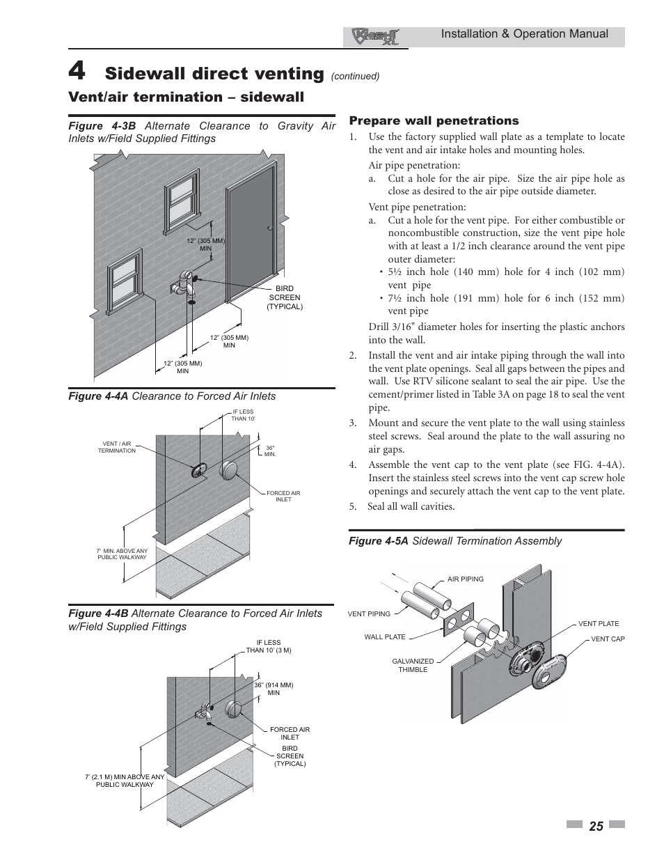 Sidewall direct venting, Vent/air termination – sidewall, Installation & operation manual | Prepare wall penetrations | Lochinvar KNIGHT 399 - 800 User Manual | Page 25 / 76