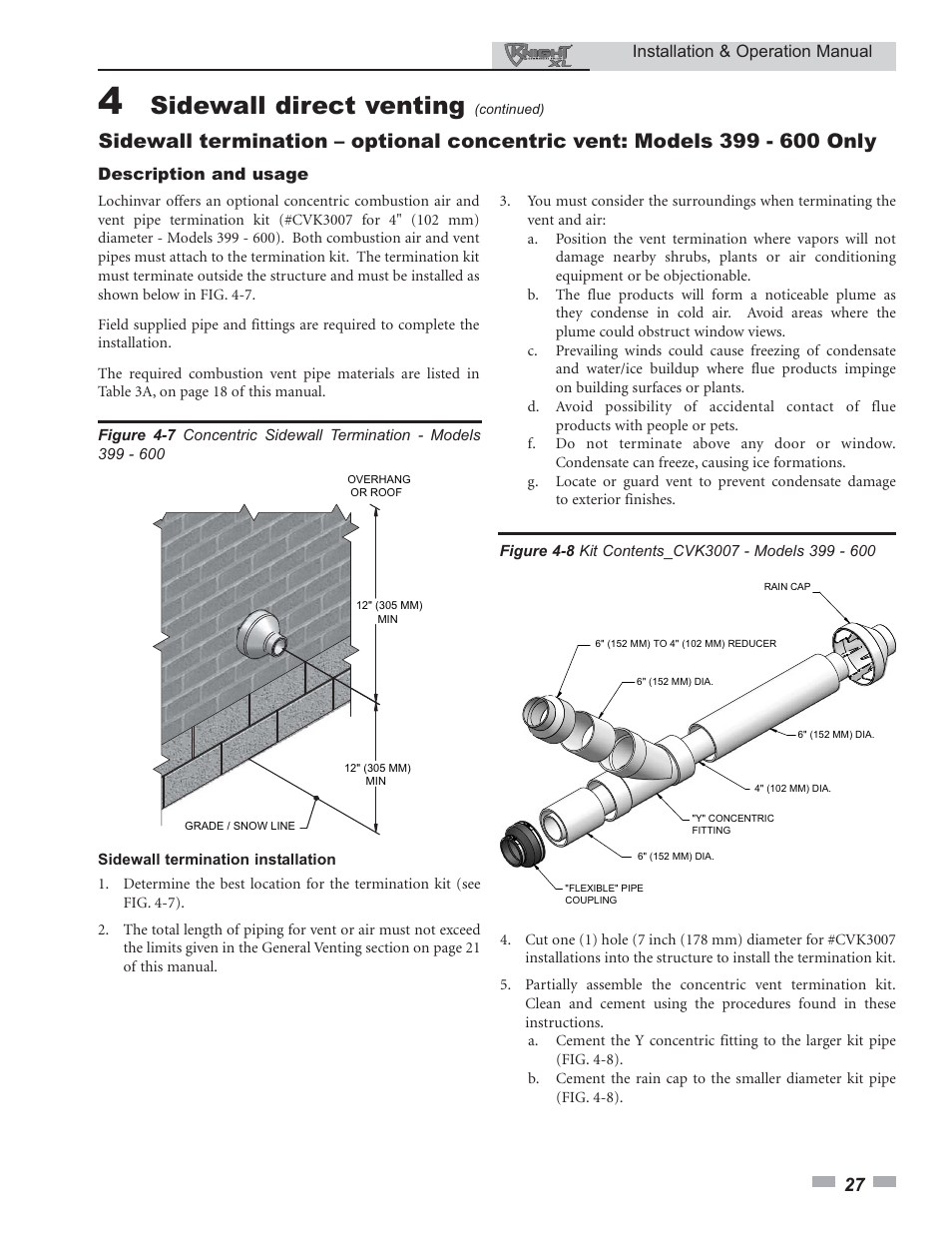 Sidewall direct venting | Lochinvar KNIGHT 399 - 800 User Manual | Page 27 / 76