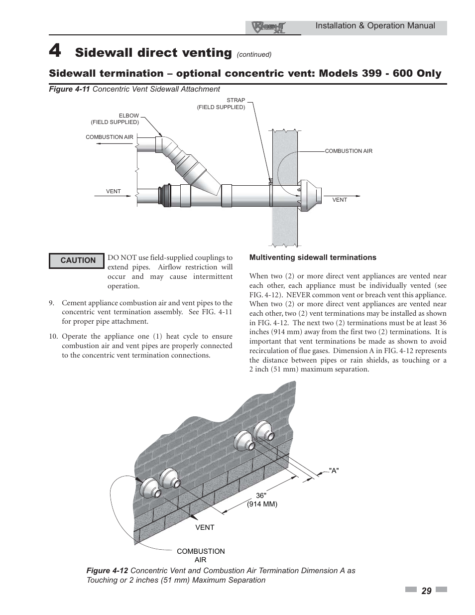 Sidewall direct venting | Lochinvar KNIGHT 399 - 800 User Manual | Page 29 / 76