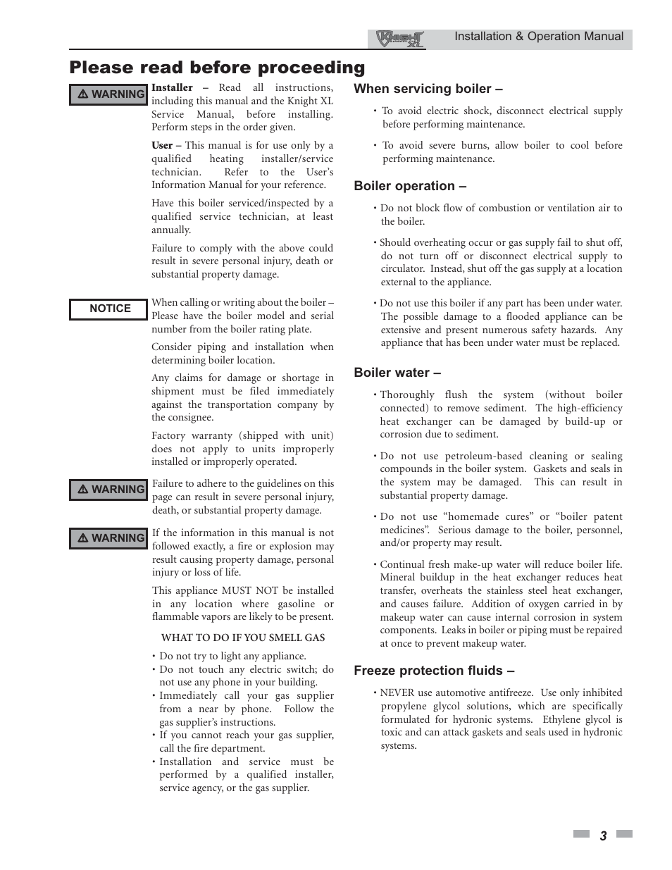 Please read before proceeding | Lochinvar KNIGHT 399 - 800 User Manual | Page 3 / 76